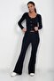 Women's Gold Buttoned Long Sleeve Blouse Elastic Waist Flared Pants 2-Piece Set