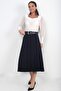 Women's Front Slit Pleated Skirt with Belt at the Waist - 3