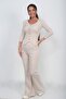Women's Gold Buttoned Long Sleeve Blouse Elastic Waist Flared Pants 2-Piece Set