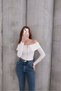Women's White Madonna Collar Full Zip Corded Fabric Crop Blouse - 6