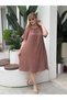 Women's Madonna Collar Detailed Neck Elasticated Lace-Up Detail Linen Cotton Loose Midi Dress - 7