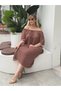 Women's Madonna Collar Detailed Neck Elasticated Lace-Up Detail Linen Cotton Loose Midi Dress - 6