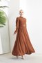 Pearl Detailed Belted Hijab Full Length Dress Brown - 3