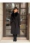 Detachable Fur Detail Cashmere Coat -Black - 3