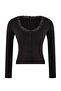 Siyah Fitted/Vücuda Oturan Havuz Yaka Dantel Detaylı Fitilli Esnek Örme Bluz TWOSS26BZ00070 - 5