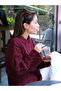 Una Fiaba -Bordo Oversize Soft Textured Hair Knit Crew Neck Women's Sweater