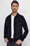 Slim Fit Long Sleeve Winter Lumber Double Plain Men's Black Shirt with Pocket Cover
