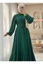 Pearl Detailed Balloon Sleeve Skirt Flounced Half Buttoned Crinkle Dress -Emerald - 3
