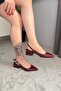 Women's Sole Burgundy Patent Leather Short Heeled Open Back Shoes - 2