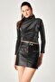 Black Glitter Stand Collar Draped Long Sleeve Blouse - 3