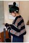 Striped Colorful Trendy Button Detailed Polo Collar Women's Sweater - 4