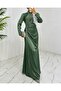 Satin Evening Dress with Stone Stripe and Draped Waist - Green - 5