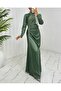 Satin Evening Dress with Stone Stripe and Draped Waist - Green - 4