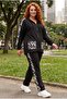 Women's Large Size Black Tracksuit Set with Pocket Detail and Zipper - 8