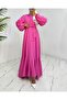 Pearl Detailed Balloon Sleeve Skirt Flounced Half Buttoned Crinkle Dress-Pink - 5
