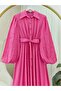 Pearl Detailed Balloon Sleeve Skirt Flounced Half Buttoned Crinkle Dress-Pink - 6