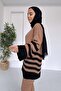 Double Color Striped Hijab Double Knitwear Set - Camel - 4