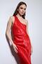 Red Asymmetrical Neckline Satin Long Dress - 6