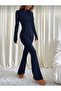 Navy Blue Premium Zippered Top and High-Waist Flared Leggings Set - 5