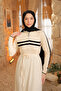 Cream Collar Zippered Corded Fabric Striped Knitwear Dress - 3
