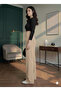 Beige High-Waist Palazzo Pants with Hook-and-Loop Detail, Front Pleated, Wide-Leg - 3