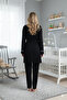Women's Black Adjustable Waist Piped Maternity Pajama Set with Hidden Nursing Feature, 3-Piece Maternity Pajama Set - 5