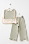 3-Piece Girl's Top and Bottom Set with Muslin Vest and Ruffle-Legged Pants, Light Green - 4
