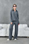 Women's Anthracite Polo Neck Oversized Sweater Trousers Knit Top-Bottom Set - 4