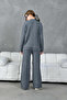 Women's Anthracite Polo Neck Oversized Sweater Trousers Knit Top-Bottom Set - 8
