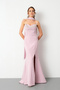 Women's Powder Color Slim Fit Long Fishtail Evening Dress with Scarf and Stone on the Bust - 2