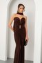 Women's Brown Slim Fit Strapless Neckline Shawl Detail Slit Long Evening Dress - 3