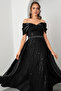 Women's Black Slim Fit Boat Neck Tailed Long Evening Dress - 3