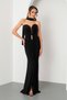 Women's Black Tight Fit Strapless Neck Shawl Detail Slit Long Evening Dress