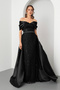Women's Black Slim Fit Boat Neck Tailed Long Evening Dress