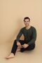 Men's Cotton Pajama Set Khaki Long Sleeve Top Black Bottom Soft Textured - 5