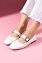 Lorena White Leather Gold Buckle Thick Strap Ballerinas - 2