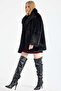 Mock Neck Long Faux Fur Coat - Black - 4