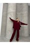 Spring Burgundy Knitted Detailed Oversized Sweater Trousers Knitwear Top and Bottom Set - 5