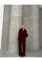 Spring Burgundy Knitted Detailed Oversized Sweater Trousers Knitwear Top and Bottom Set - 3