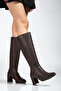 Renie Women's Thick Heel Below-The-Knee Pointed Toe Zippered Bitter Brown Boots - 3