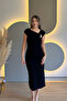 Slit Black Midi Dress with Shoulder Pad Accessories - 7