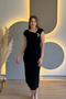 Slit Black Midi Dress with Shoulder Pad Accessories - 3