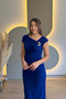 Slit Cobalt Blue Midi Dress with Shoulder Pad Accessories - 6