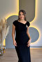 Slit Black Midi Dress with Shoulder Pad Accessories - 6