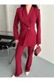 Women's Burgundy Single Button Asymmetrical Jacket and Trousers Set - 5