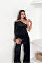 Women's Black Belted One Shoulder Velvet Fabric Jumpsuit Nbk068