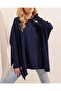 15783 Slit Poncho Sweater - Navy Blue - 3