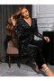 Women's Long Sleeve Double-Breasted Collar Waist Belt Detailed Shiny Velvet Jumpsuit