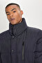 Navy Blue Standard Fit Regular Cut Mock Neck Zipper Detailed Side Pocket Puffer Jacket - 6
