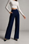Women's Navy Blue Wide Leg Corded Fabric Pants with Pockets